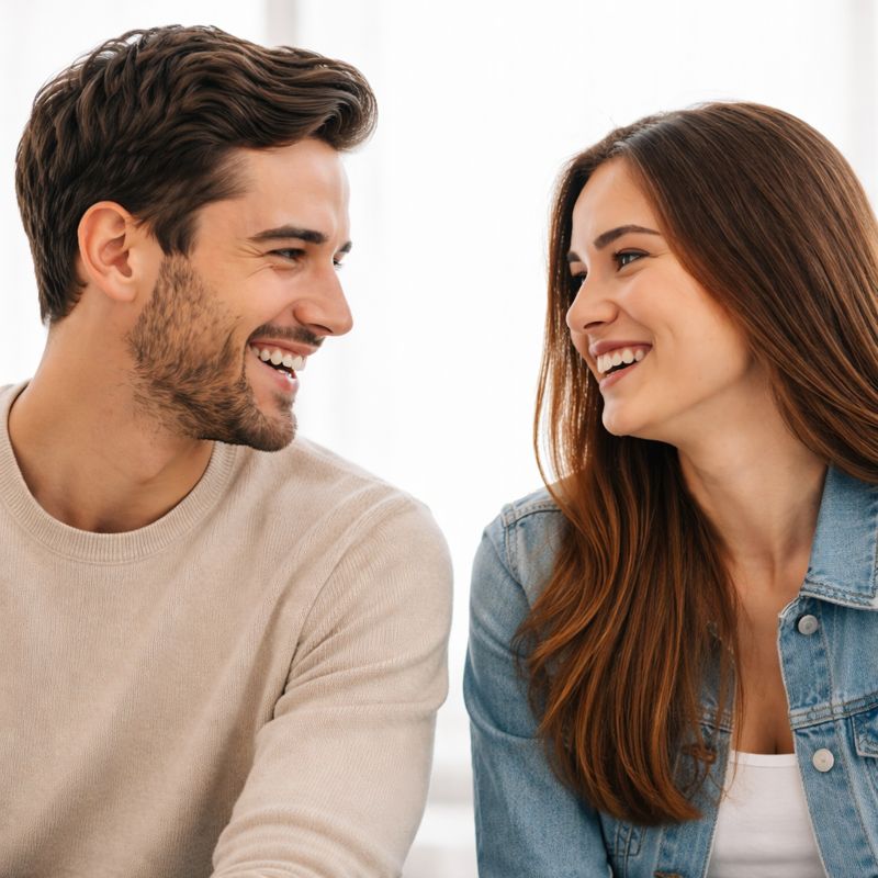 Close up of two people talking and smiling naturally
