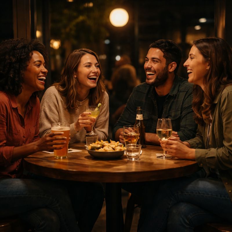 Group of diverse friends laughing and talking in a cozy cafe setting at night